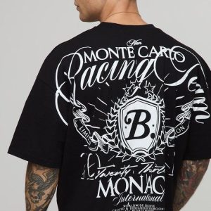 Black Oversized Shrunken Boxy Over Seam Racing Team Printed T-shirt