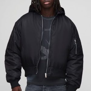 Oversized Boxy Curved Hem Hooded Nylon Bomber Jacket