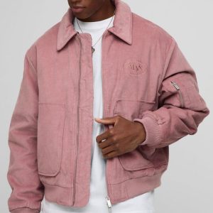 Oversized Fit Cord Collared Contrast Lining Bomber Jacket
