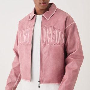 Boxy Tumble PU Applique Harrington Jacket In Pink