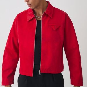 Boxy Satin PU Dogtooth Harrington Jacket In Red