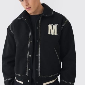 Boxy Stitch Detail Melton Varsity Jacket In Black