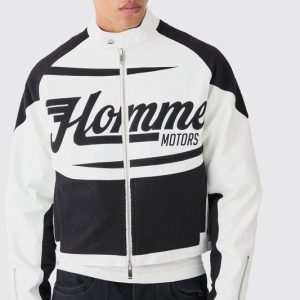 Boxy Pu Contrast Boucle Panel Moto Jacket