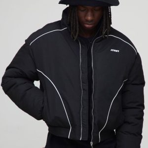 Oversized Boxy Piping Panel Funnel Neck Puffer Jacket