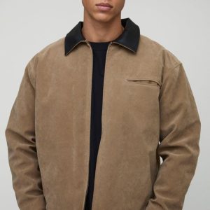 Tall Oversized Boxy Contrast Collar Faux Suede Harrington Jacket