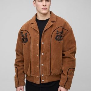 Tall Faux Suede Embroidered Oversized Boxy Fit Western Jacket