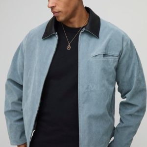 Oversized Boxy Contrast Collar Faux Suede Harrington Jacket
