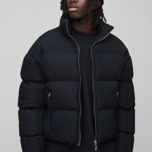 Man Boxy Fit Funnel Neck Puffer Coat In Black