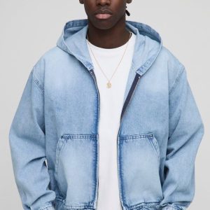 Oversized Boxy Light Blue Washed Denim Hoodie