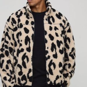 Regular Fit Leopard Print Borg Zip Through Funnel Neck Jacket