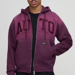 Burgundy Boxy Embroidered Spray Wash Zip Through Hoodie
