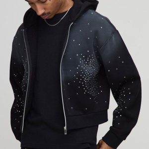 Shrunken Fit Rhinestone Washed Zip Through Hoodie