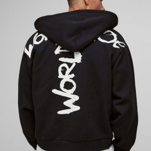 Oversized Boxy Zip Through Worldwide Graffiti Print Zip Through Hoodie