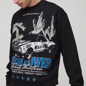 Black Oversized Boxy Extended Neck Horse Printed Sweatshirt