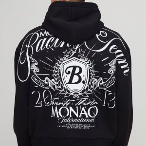 Black Oversized Boxy Over Seam Racing Team Printed Hoodie