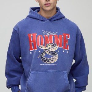 Navy Oversized Washed Homme Snake Printed Hoodie