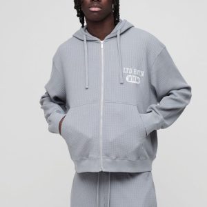 Oversized Boxy Waffle Print Zip Through Hoodie