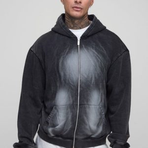 Tall Oversized Boxy Spray Wash Zip Through Hoodie