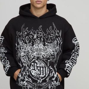 Black Oversized Gothic BM Crest Printed Hoodie