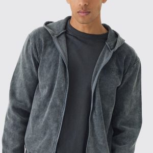 Regular Fit Washed Rib Man Embroidered Zip Through Hoodie