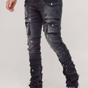 Tall Stacked Multi Cargo Pocket Flared Jeans