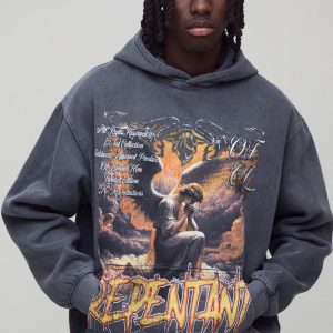 Charcoal Oversized Graphic Washed Hoodie