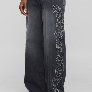 Baggy Fit Tribal Distressed Applique Washed Jeans
