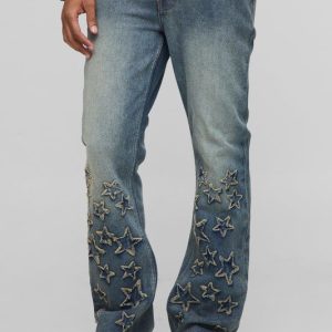 Slim Flared Star Applique Let Down Hem Jeans