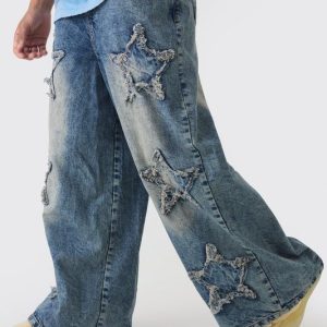 Wide Leg Rigid Star Distressed Applique Jeans
