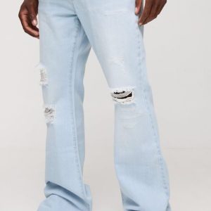 Relaxed Rigid Flare Stacked Knee Rip Denim Jeans