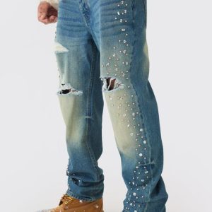 Relaxed Rigid Flared Embellished Ripped Jeans