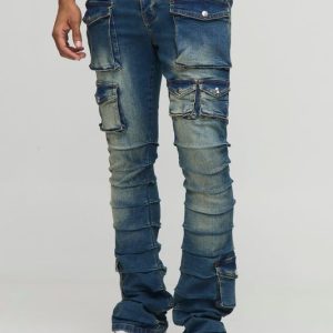 Skinny Stacked Multi Cargo Pocket Flared Jeans