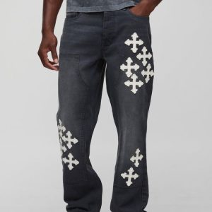Straight Fit Cross Applique Carpenter Jeans