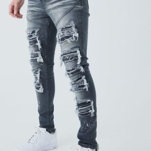 Super Skinny Biker Rip & Repair Paint Splatter Jeans