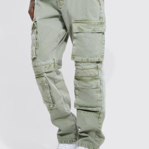 Relaxed Fit Washed Multi Pocket Cargo Jeans