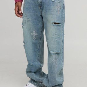 Relaxed Fit Rhinestone Cross Ripped Jeans