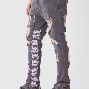 Skinny Stretch Stacked Distressed Embroidered Gusset Jeans