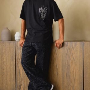 Relaxed Fit All Over Clear Rhinestone Embellished Jeans