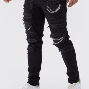 Skinny Stretch Ripped Chain Jeans