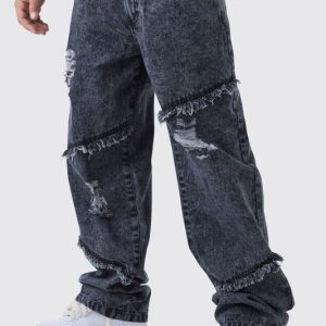Relaxed Fit Acid Wash Ripped Frayed Jeans