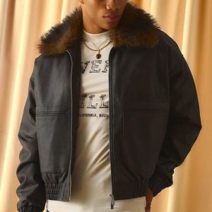 Oversized Boxy Fit Antique PU Bomber with Faux Fur Collar