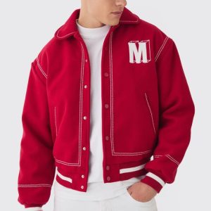 Boxy Stitch Detail Melton Varsity Jacket In Red