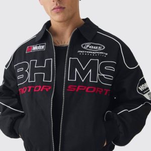 Boxy Badge Twill Moto Jacket In Black