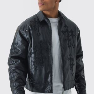 Cross Applique PU Bomber Jacket In Black