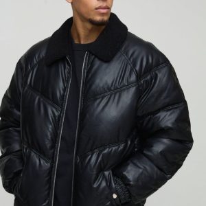 Oversized Borg Collar PU Puffer Jacket