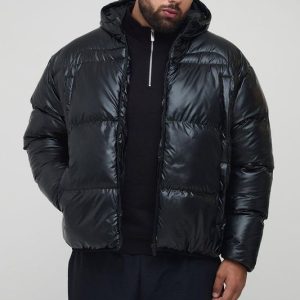 Plus High Shine Regular Fit Hooded Quilted Puffer In Black
