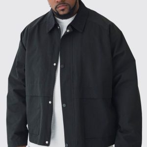 Plus Boxy Cord Collar Worker Jacket In Black