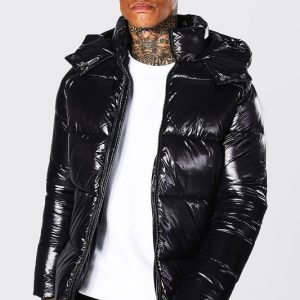 Regular Fit High Shine Puffer Jacket in Black