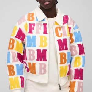 Boxy Letter Badge Collared Varsity Jacket In Ecru