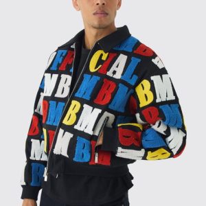 Boxy Letter Badge Collared Varsity Jacket In Black